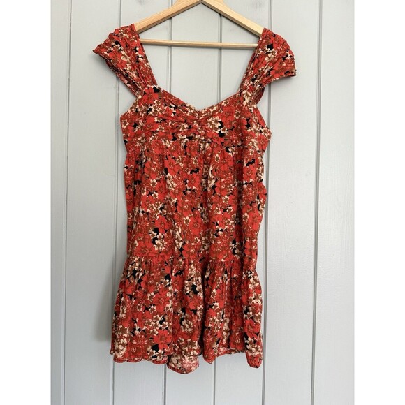 Free People Pattern Play Mini Dress S Small Floral Boho Smocked Back Red Orange - Picture 1 of 7